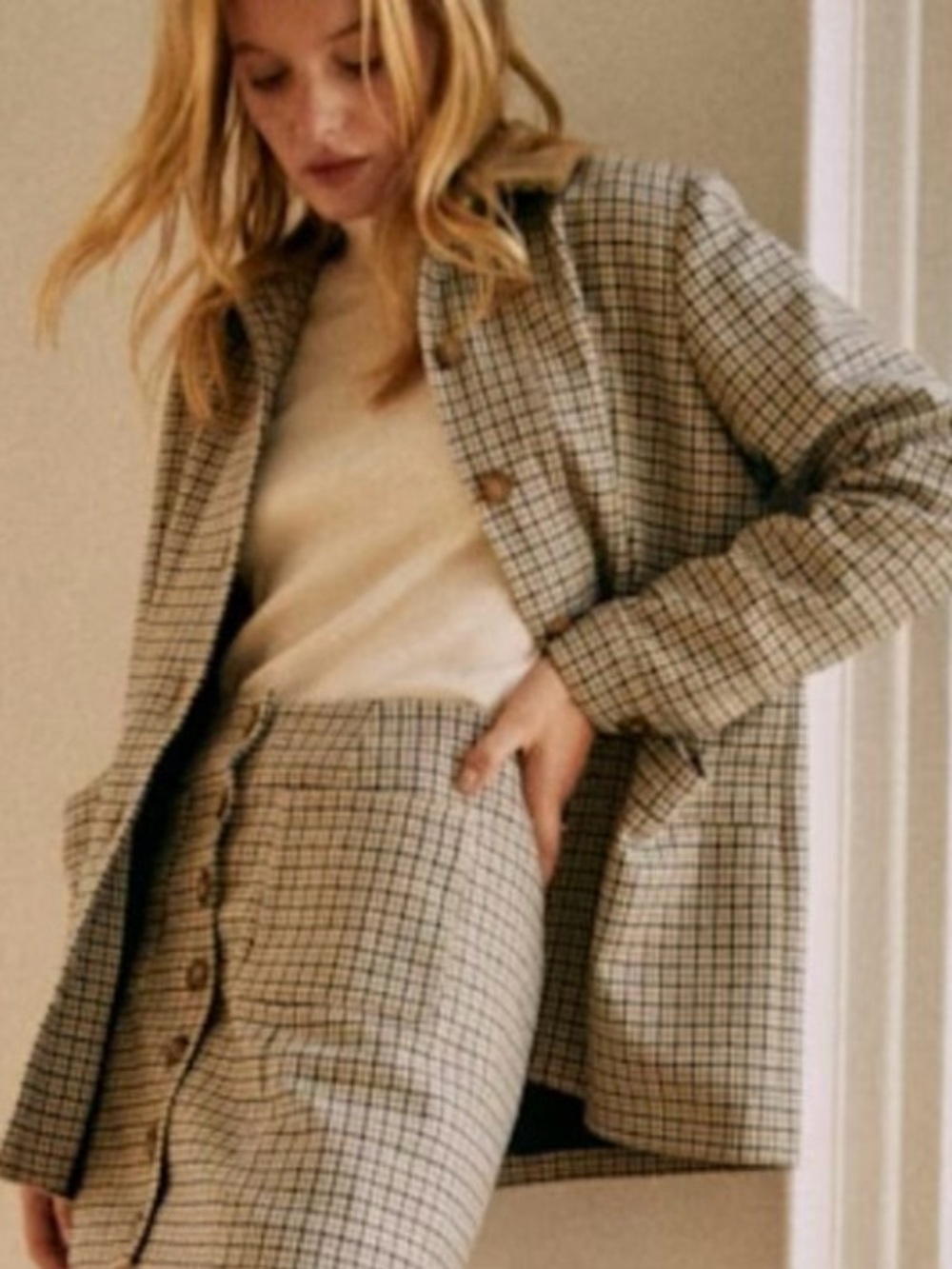 Sézane Will Jacket - Navy Ochre Houndstooth Plaid